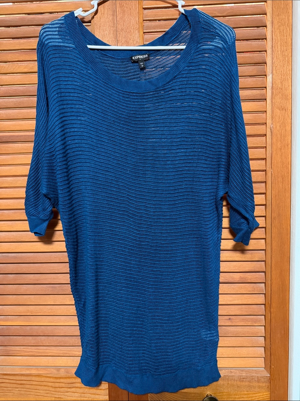 Express Women's Deep Blue Open-Knit Short Sleeve Sweater